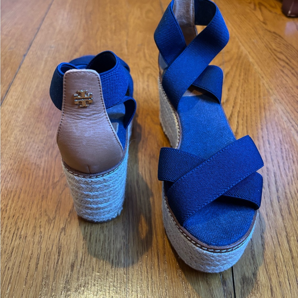 Tory Burch Navy Blue Espadrille Wedge Sandals